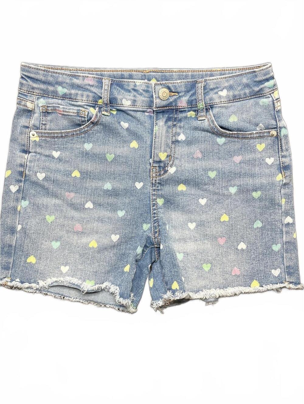 SO Denim Shorts with Multicolor Heart Print and Frayed Hem, Size Girls XL (14)
